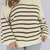 Khaki Plus Size Striped Drop Shoulder Puff Sleeve Sweater