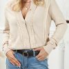 Women's Apricot Lace Trim Ribbed Round Neck Button Up Cardigan