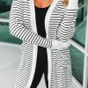 White Striped Side Pockets Open Front Cardigan