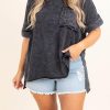 Gray Mineral Wash Distressed Slit Patch Pocket Oversize Tee