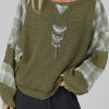 Green Plaid Patch Waffle Knit Exposed Seam Bubble Sleeve Top