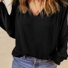 Black Pleated V Neck Puffy Sleeve Blouse