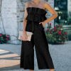 Women's Black Ruffled Strapless Wide Leg Jumpsuit