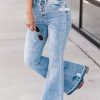 Sky Blue High Waist Buttoned Distressed Flared Jeans