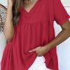 Red Frayed V Neck Ruffled Babydoll Blouse