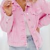 Pink Acid Wash Button Flap Pocket Denim Jacket