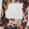 Brown Bleached Tie Dye Leopard Print Long Sleeve Top