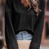 Black Ribbed Texture Lace Trim V Neck Long Sleeve Top