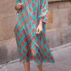 Sky Blue Geometric Print Split Buttoned Shirt Dress