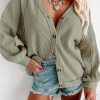 Women's Green Waffle Knit Cardigan With Exposed Seam Buttons