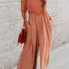 Orange Retro Washed Spaghetti Straps Smocked Wide Leg Jumpsuit