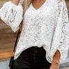 White Floral Lace Crochet Loose Fit V Neck Top