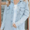 Light Wash Distressed Denim Shacket For Women