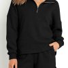 Women's Black Ribbed Zipper Sweatshirt And High Waist Shorts Set