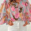 Pink Floral Print Ruffled Long Sleeve Blouse For Women