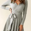 Gray Belted V Neck Ribbed Pleated Sweater Dress