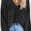 Black Waffle Knit V Neck Long Sleeve Loose Tunic Top