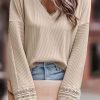 Apricot Ribbed Texture Lace Trim V Neck Long Sleeve Top