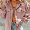 Pink Flap Pocket Drawstring Hood Zip Up Jacket