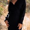 Black Cable Ribbed Knit V Neck Bodycon Sweater Dress