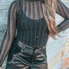 Women's Black Star Mesh Mock Neck Long Sleeve Bodysuit