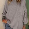 Gray Ribbed Roll-tab Sleeve Chest Pocket Oversize Top