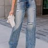 Women's Blue Distressed High Waist Washed Jeans