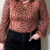 Leopard Plus Size Puff Sleeve V Neck Lace-up Slim Top