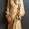 Yellow Floral Wrap Midi Dress With Bubble Sleeves