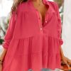 Rose Half Buttoned Ruffle Tiered Long Sleeve Blouse