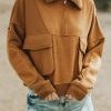 Women's Brown Zip Collared Sweatshirt With Big Flap Pockets And Exposed Seam Detail