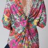 Multicolor Floral Long Sleeve Top With Twisted Hollow-out Back