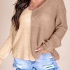 Women's Khaki Colorblock Sweater With Long Sleeve And V-Neck