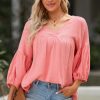 Women's Pink Textured V Neck Bracelet Sleeve Babydoll Blouse