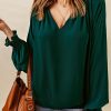 Elegant Green Pleated V Neck Puffy Sleeve Blouse For Women