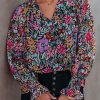 Multicolor Floral Print Ruffled Long Sleeve V-Neck Blouse