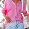 Pink Solid Color Turn-down Collar Chest Pocket Shirt