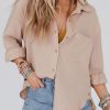 Khaki Crinkled Turn-down Collar Buttoned Shirt With Pocket