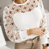 Elegant White Hollowed Floral Lace Splicing Long Sleeve Top