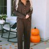 Women's Brown Ribbed Knit Collared Henley Top And Pants Lounge Outfit