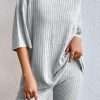 Gray Plain Ribbed Loose Fit Two Piece Lounge Set