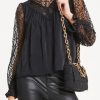 Women's Black Mock Neck Lace Splicing Long Sleeve Blouse