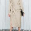 Apricot Satin Wrap Tie Side Boat Neck Long Sleeve Dress