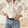 White Floral Lace Stand Neck Textured Shirt