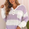 Women's Pink Striped Knit Button Ribbed Split Neck Sweater