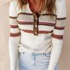 White Rib Knitted Stripe Detail Henley Sweater