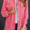 Women's Pink Buttoned Flap Pocket Corduroy Jacket