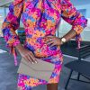 Rose Floral Bow Tie Long Sleeve Mock Neck Ruched Dress