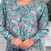 Green Floral Pleated Round Neck Long Sleeve Blouse