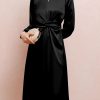 Black Twist Front Tie Back Long Sleeve Satin Dress